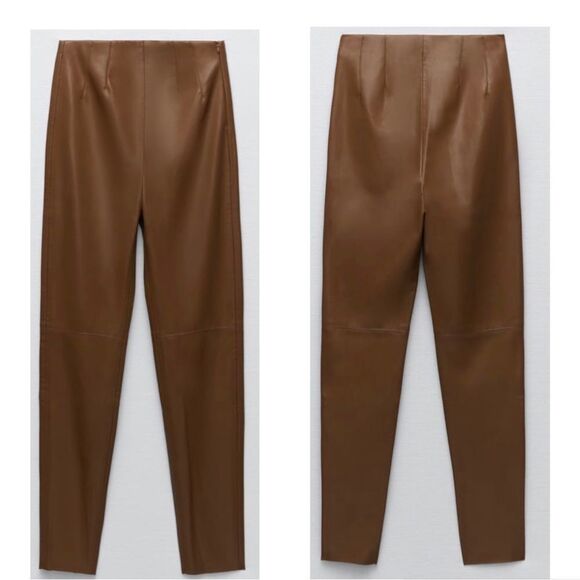 Zara camel brown faux leather high waisted vegan leggings Sz S NWOT - Picture 2 of 12